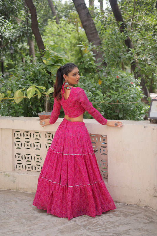 Lorenvalley Fashion Pink Faux Georgette Bandhej Print with Gotta Patti Lace Work Lehenga Choli | Swadesiicart