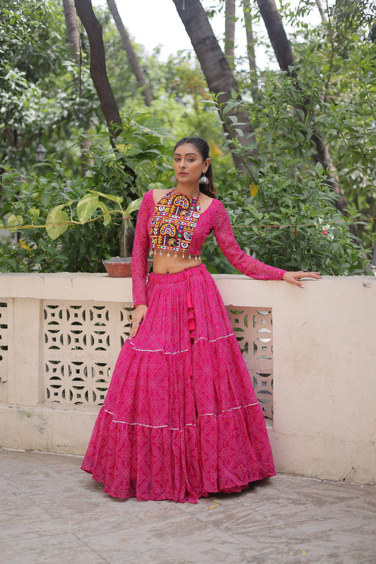 Lorenvalley Fashion Pink Faux Georgette Bandhej Print with Gotta Patti Lace Work Lehenga Choli | Swadesiicart