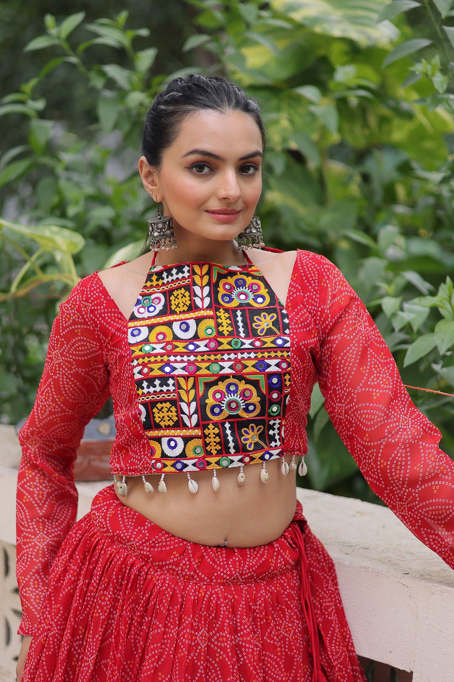Lorenvalley Fashion Red Faux Georgette Bandhej Print with Gotta Patti Lace Work Lehenga Choli | Swadesiicart