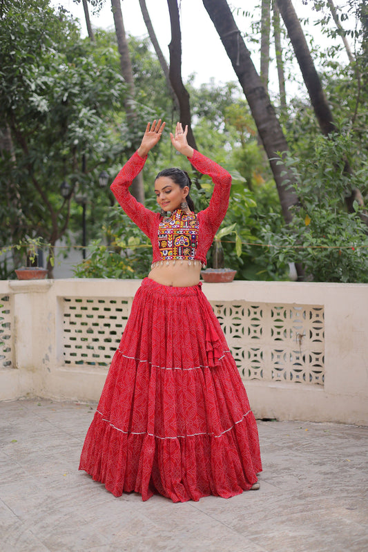 Lorenvalley Fashion Red Faux Georgette Bandhej Print with Gotta Patti Lace Work Lehenga Choli | Swadesiicart