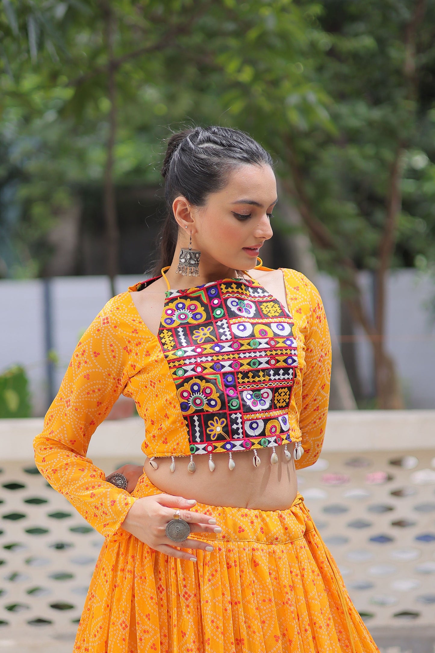 Lorenvalley Fashion Yellow Faux Georgette Bandhej Print with Gotta Patti Lace Work Lehenga Choli | Swadesiicart