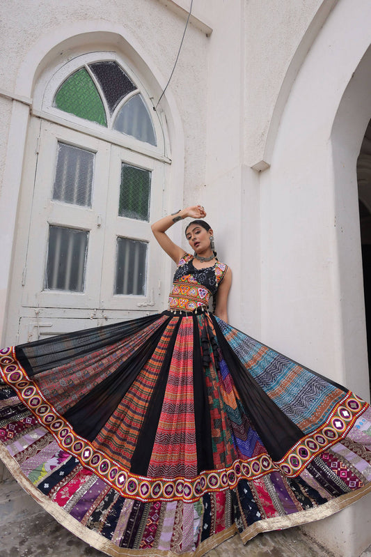 Lorenvalley Fashion Multicolor Georgette print and attractive combination Of Gamthi Embroidered & Embellished work Lehenga Choli | Swadesiicart
