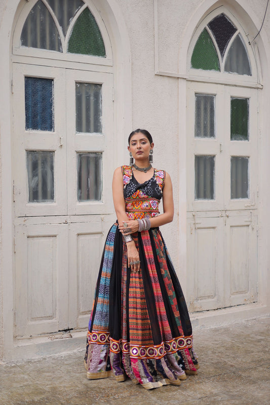 Lorenvalley Fashion Multicolor Georgette print and attractive combination Of Gamthi Embroidered & Embellished work Lehenga Choli | Swadesiicart