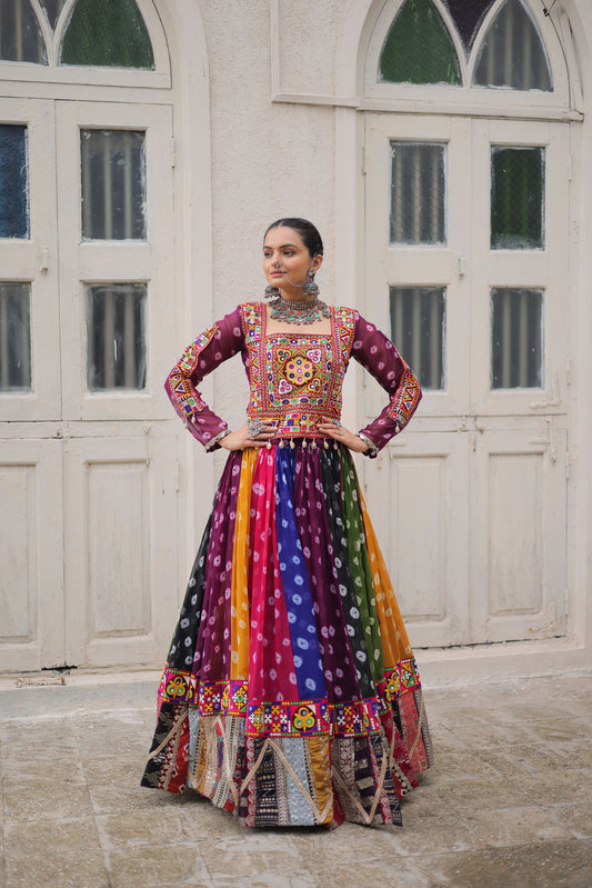 Lorenvalley Fashion Multicolor Georgette print and attractive combination of vintage and gamthi embellished work Lehenga Choli | Swadesiicart