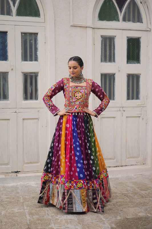 Lorenvalley Fashion Multicolor Georgette print and attractive combination of vintage and gamthi embellished work Lehenga Choli | Swadesiicart