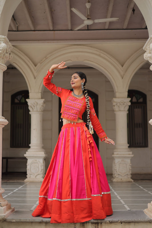 Lorenvalley Fashion Multicolor Roman Silk with attractive combination of Mirror lace embellished work Lehenga Choli | Swadesiicart
