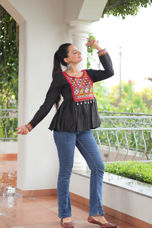 Prazu Fashion Black Roman Silk With Kutchi Gamthi Work Navaratri Top - Swadesiicart