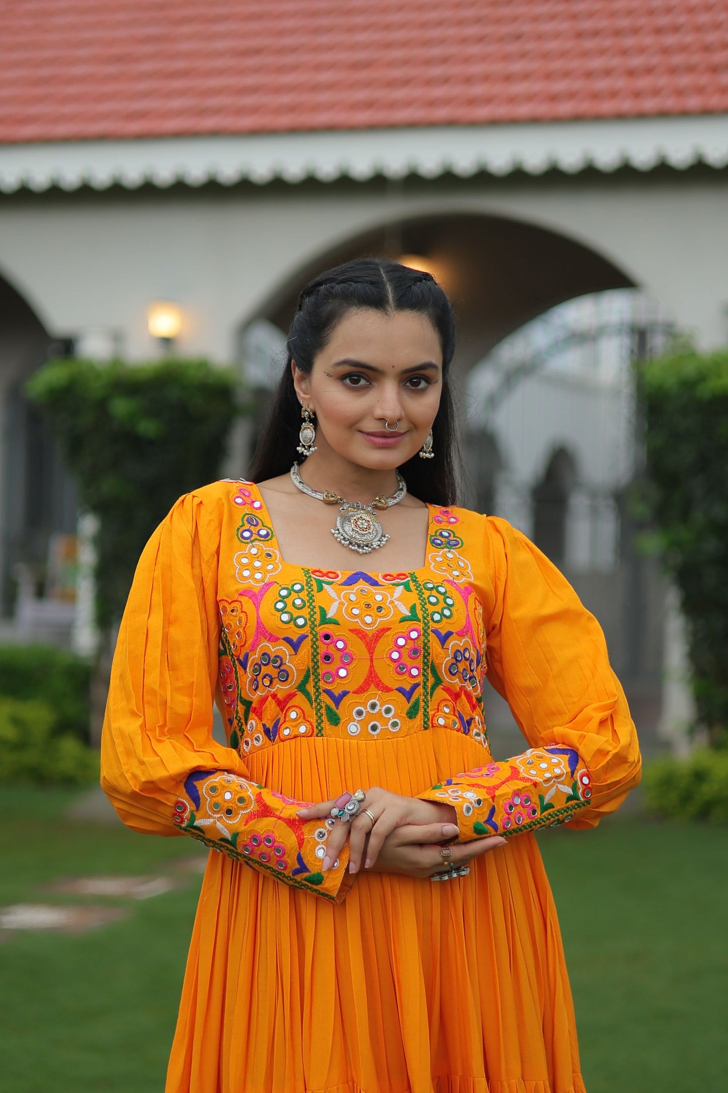 Lorenvalley Fashion Orange Rayon with Kutchi Gamthi Work Gown | Swadesiicart