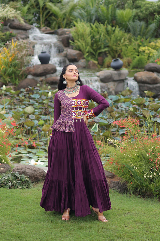 Lorenvalley Fashion Wine Rayon Kutchi Gamthi Embroidered Work & Cotton Print Work Gown | Swadesiicart