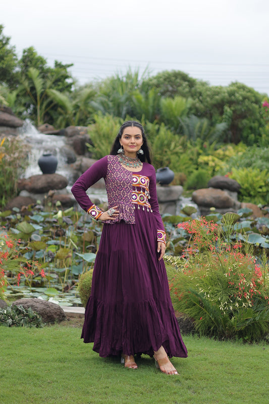 Lorenvalley Fashion Wine Rayon Kutchi Gamthi Embroidered Work & Cotton Print Work Gown | Swadesiicart