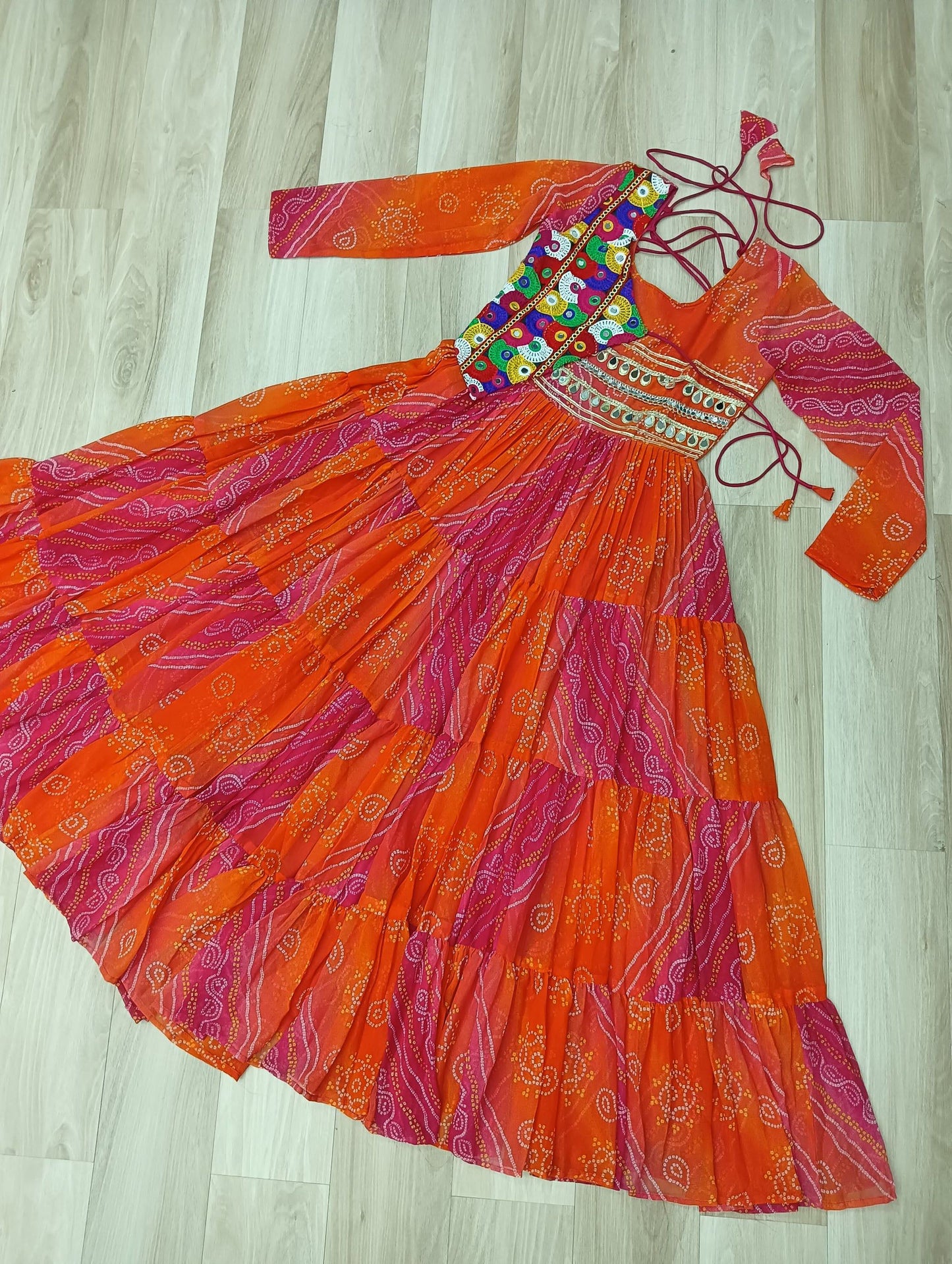 Lorenvalley Fashion Multicolor Faux Georgette Laheriya & Bandhej Print with kutchi patche work Gown | Swadesiicart