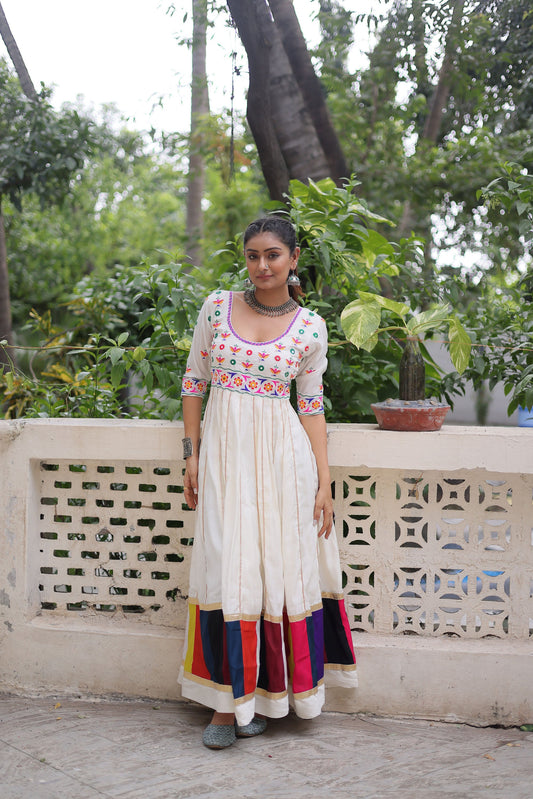 Lorenvalley Fashion White Roman Silk with Thread work & Gota Lace embellished Work Gown | Swadesiicart
