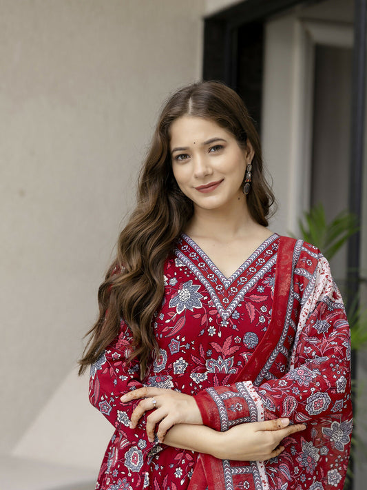 The52 Maroon Women's Gorgeous Rayon Fabric Printed Work Flared Kurta, Pant and Dupatta Set - Swadesiicart