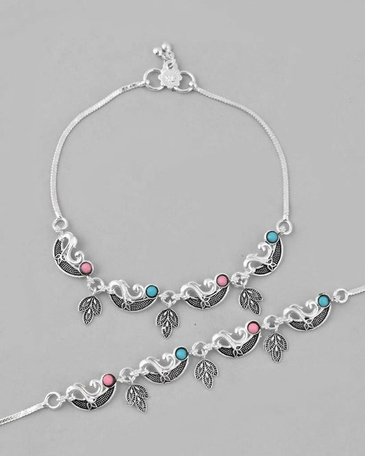 VOJ Set of 2 Silver Plated Stainless Steel Multi Color Anklet - Swadesiicart