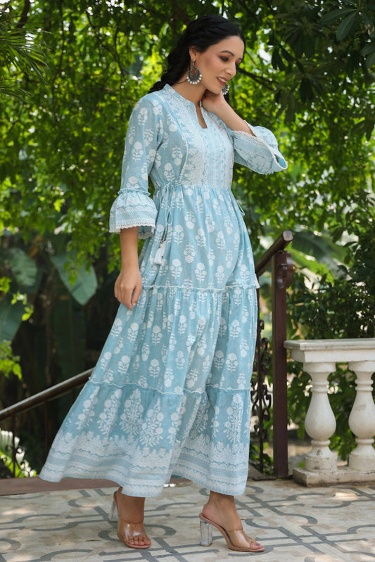 Juniper Women's Skyblue Cambric Floral Printed Maxi Tiered Dress | Swadesiicart