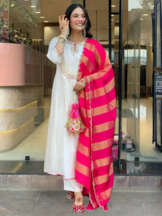 The52 White Women's Gorgeous Embroidered Work Chanderi Fabric Flared Kurta Pant and Dupatta Set - Swadesiicart
