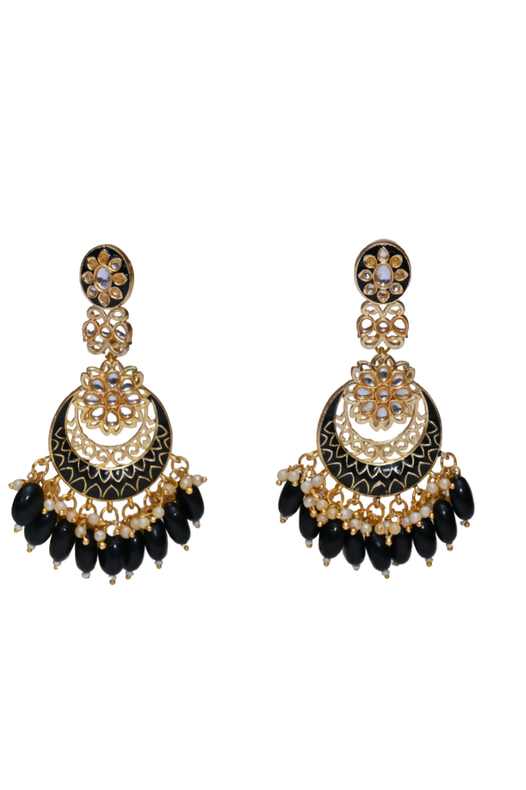 Black Gold-Polished Beautifully Enamelled Stylish Kundan & Pearl Dangle Women Earrings|Meenakari Chandbali Traditional Ethnic Wear Earrings By House of Ree | Swadesiicart