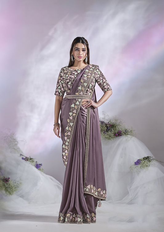 Lavendar Crepe Satin Silk Designer Ready to wear saree with stithced Blouse - Mohmanthan Aura | Swadesiicart