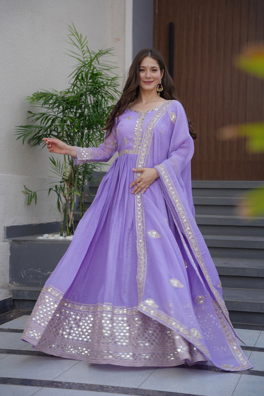 Lorenvalley Fashion Lavender Crunchy Silk with Embroidery Codding & Sequins Work Anarkali Gown with Dupatta
