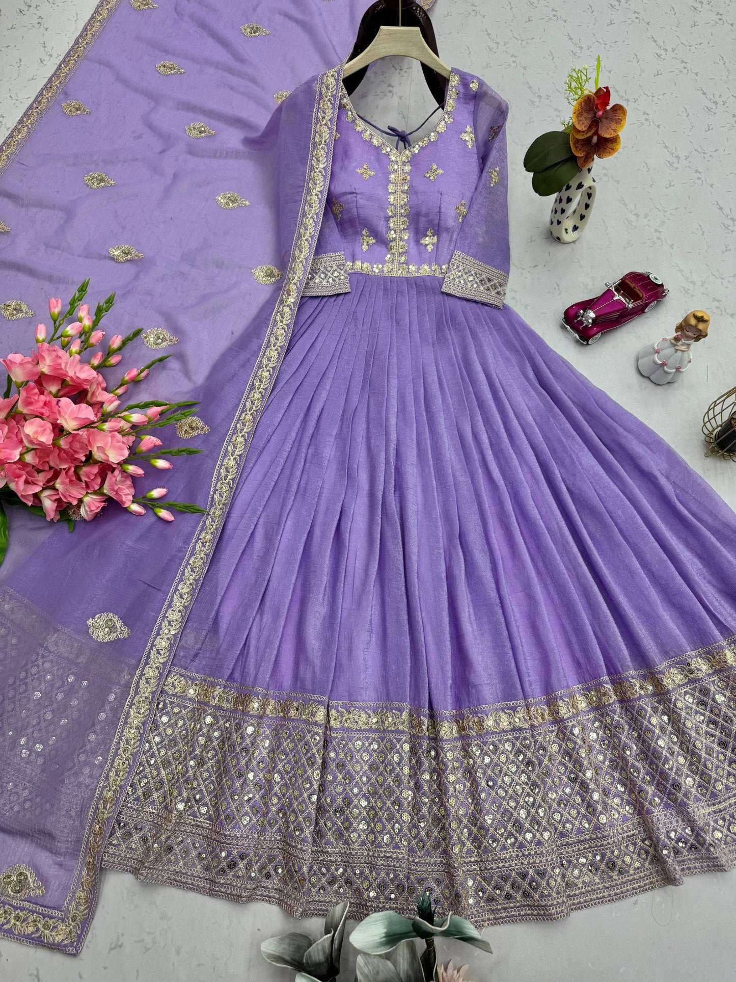 Lorenvalley Fashion Lavender Crunchy Silk with Embroidery Codding & Sequins Work Anarkali Gown with Dupatta | Swadesiicart