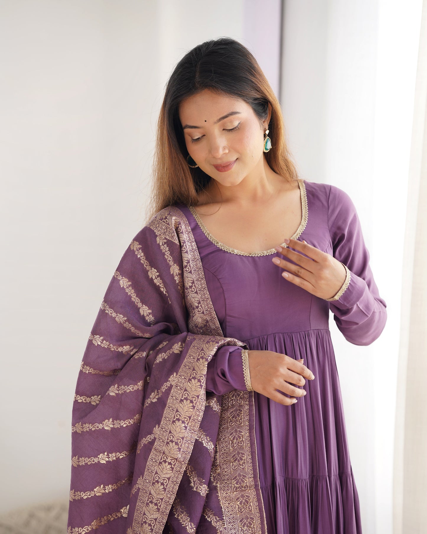 Lorenvalley Women Pure Roman silk Chanderi Fabric Layer Gathering Anarkali Kurta Pant With Dupatta Set - Lavender | Swadesiicart