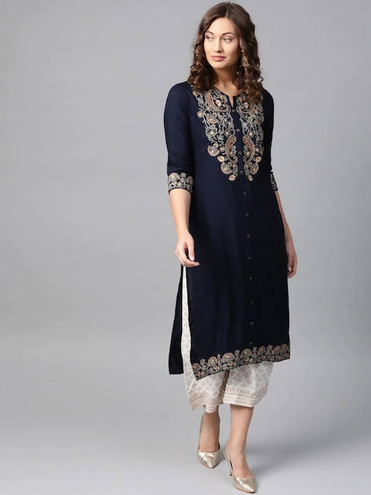 Indian Clothing Anubhutee Navy Blue Paisley Floral Embroidery Kurta Set