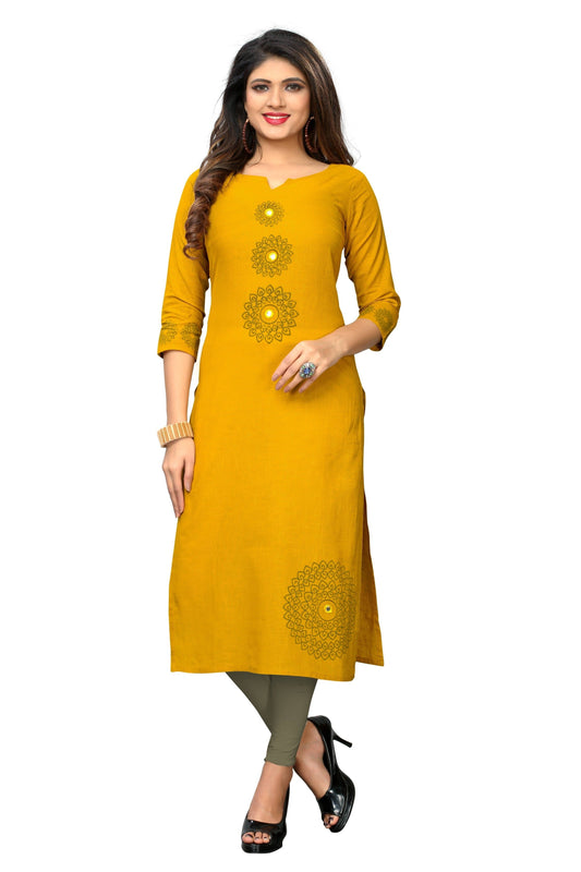 NOZ2TOZ Women's Yellow Color Slub Cotton Straight Kurta Only - Noz2Toz