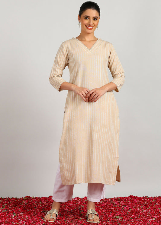 Aavyora Women's Beige Woven Striped V-Neck Kurta - Swadesiicart