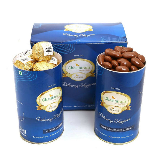 Ghasitaram Channa Laddoo & Chocolate Coated Almond Cans | Swadesiicart
