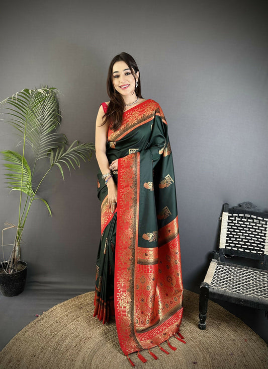 Joban Fashion Dark Green Banarasi Soft Silk Peacock Butta Work Saree | Swadesiicart