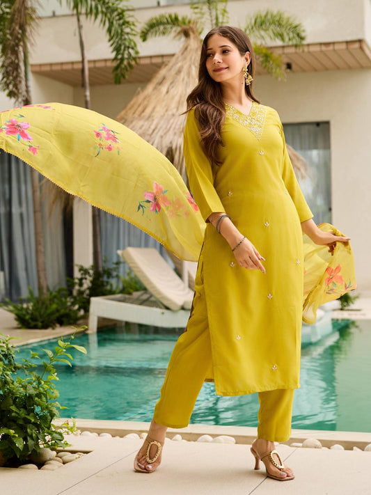 The52 Yellow Embroidered Rayon Slub Fabric Straight Kurta, Pant and Dupatta Set - Swadesiicart