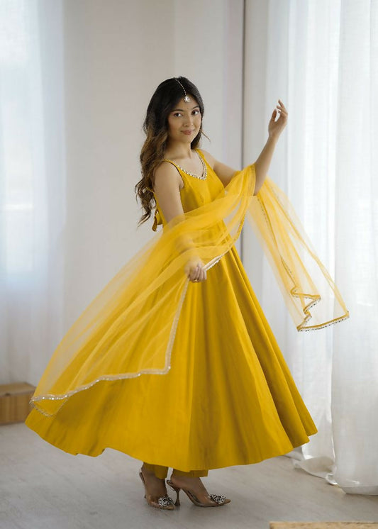 Joban Fashion Yellow Kurta Set Chanderi Sequence Embroidery Work