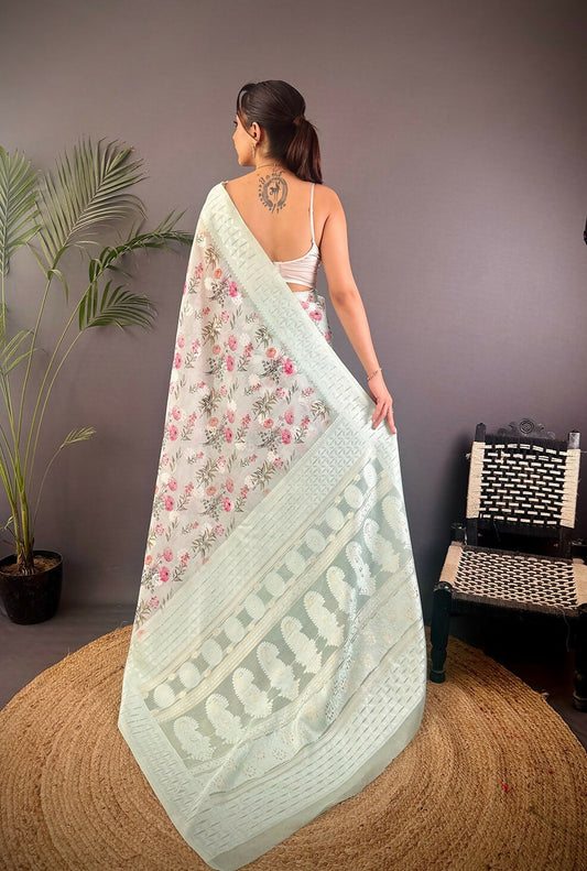 Joban Fashion Sky Blue Floral Motifs Banarasi Silk Sarees | Swadesiicart