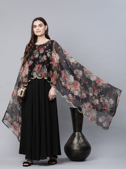 Ahalyaa Women Black Crepe Dress With Attached Dupatta | Swadesiicart