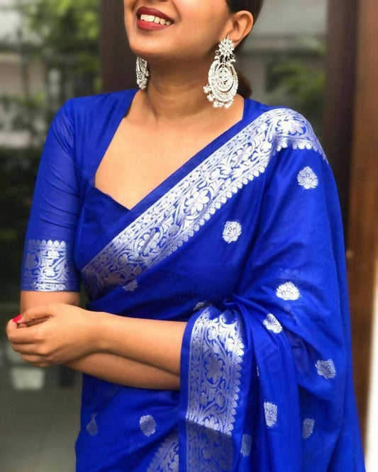 DEIANA'S Beautiful Designer Golden zari Soft Lichi Silk Saree - Royal Blue - Swadesiicart