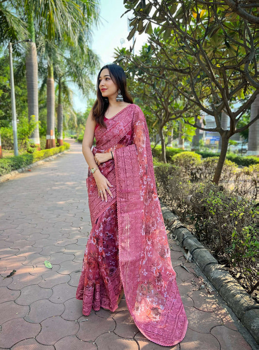 Vamsee Gunjan Pink Organza Saree - Swadesiicart