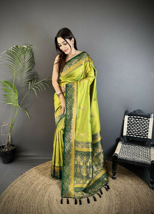 Joban Fashion Light Green Banarasi Soft Silk Peacock Butta Work Saree | Swadesiicart