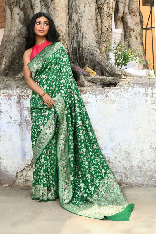 Joban Fashion Green Pure Crepe Pure Handloom Banarasi Silk Saree | Swadesiicart
