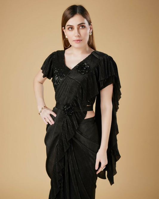 Black Imported Crush Solid Ready to Wear Saree with stitched Blouse - Aayan | Swadesiicart