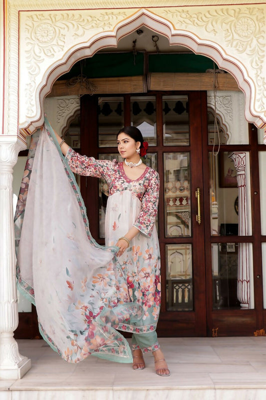 Vaasva Women Maroon Muslin Floral Printed Alia Cut Kurta, Pant & Dupatta set | Swadesiicart