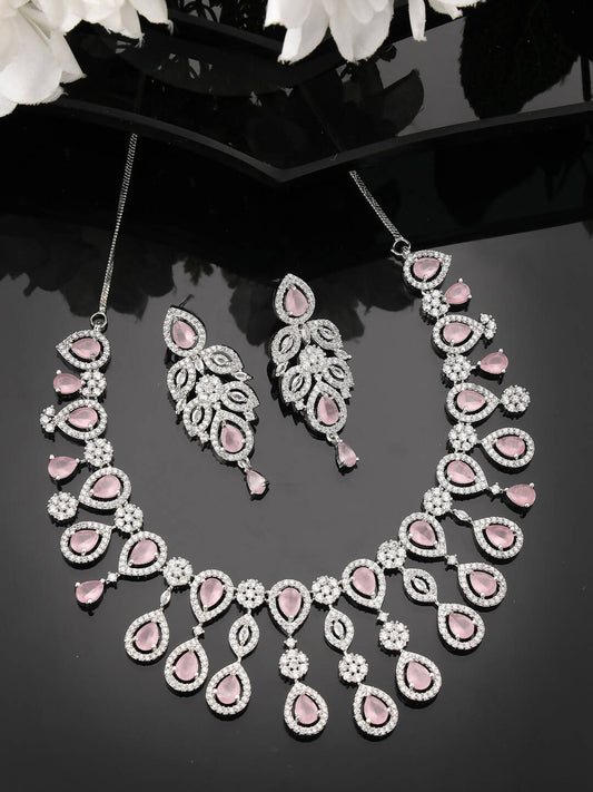 NVR Women Silver Plated & Pink Cz Stone Handcrafted Jewellery Set - Swadesiicart