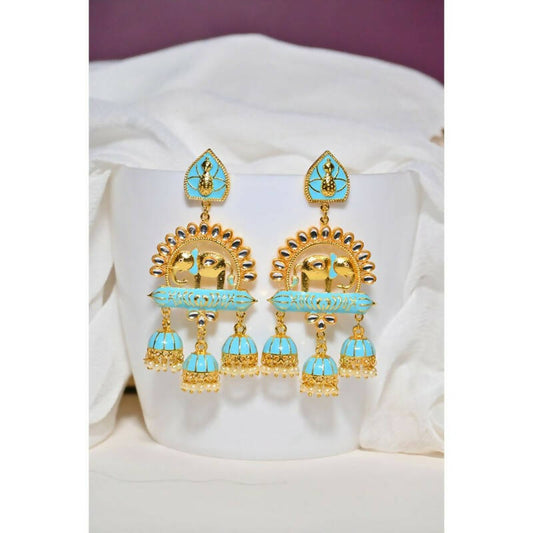 Traditional Gold-Polished Elephant Design Kundan Blue Jhumka Jhumki Earrings By House of Ree - House of Ree
