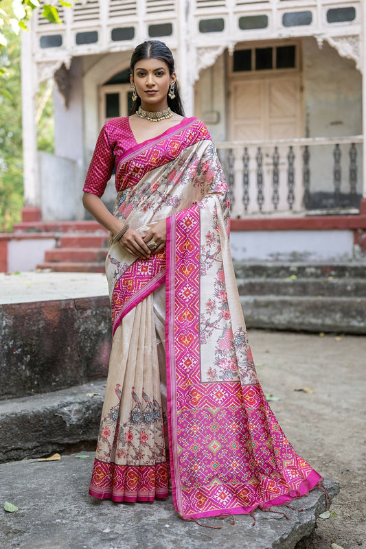 Vishnu Weaves Women's Rani Soft Tussar Silk Small Zari Woven Border Saree with Blouse - Swadesiicart