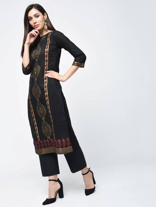 Aniyah Cotton Block Printed Latest Black Straight Kurta (AN-122K) - Swadesiicart