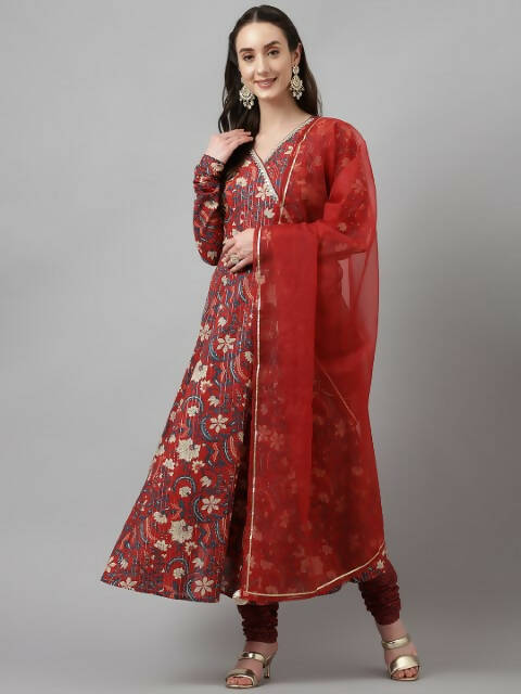 FIORRA Women's Maroon Pure Cotton Flared Kurta Pant With Dupatta - Swadesiicart