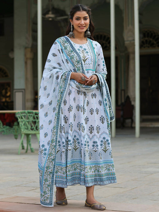 Juniper Women's Skyblue Cambric Floral Placement Kurta Dupatta Sets | Swadesiicart