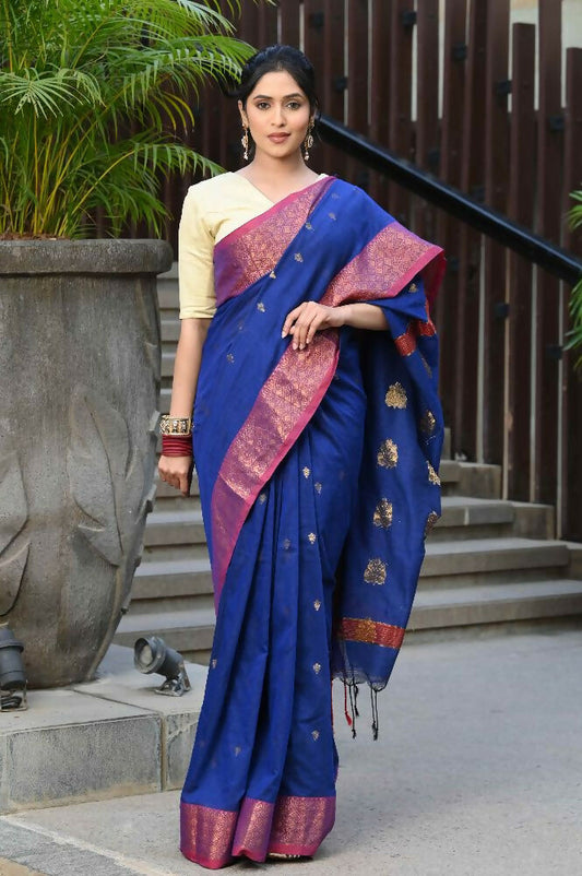 Beatitude Blue Cotton Banarasi Saree | Swadesiicart