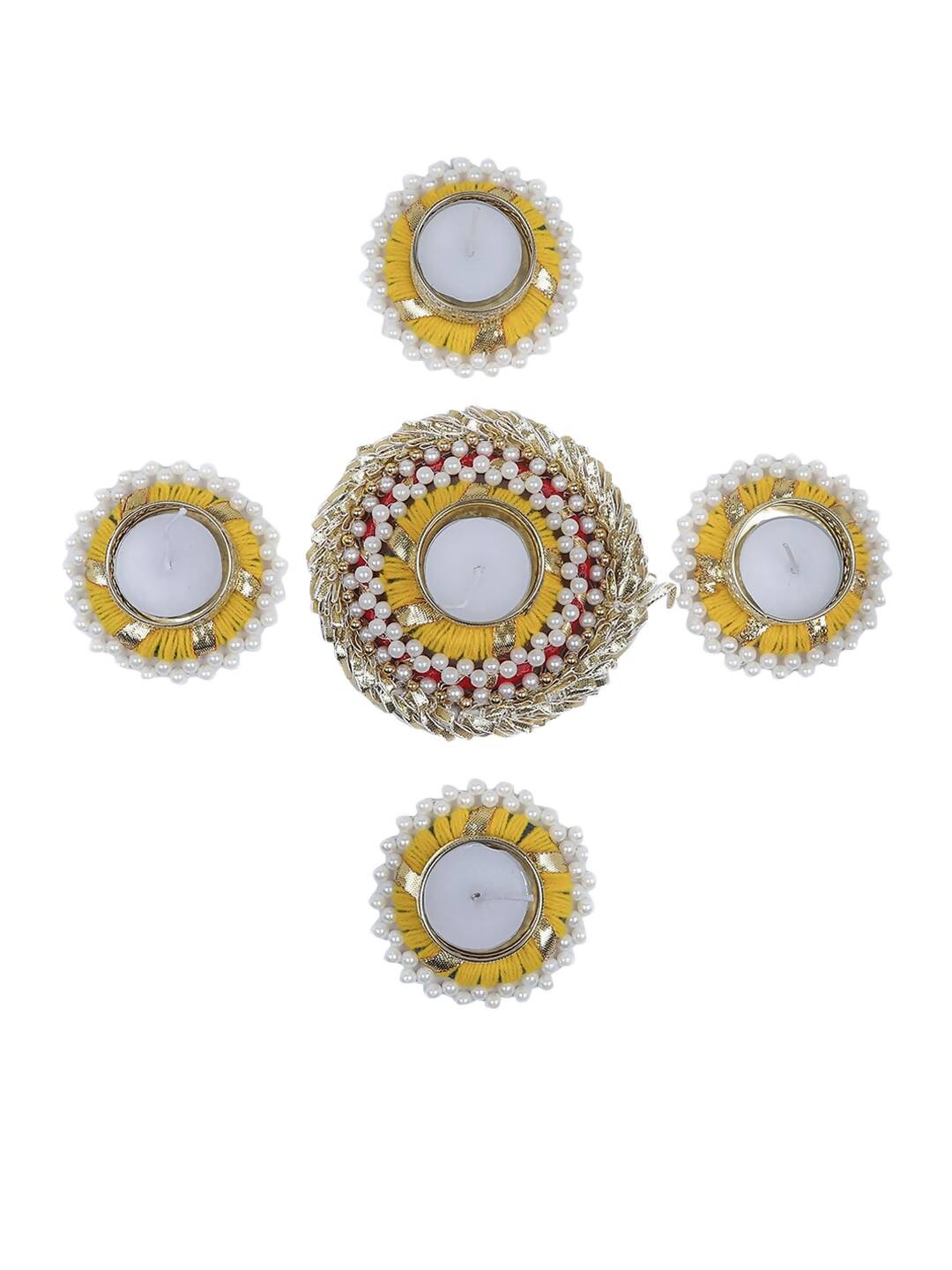 Tied Ribbons Set Of 5 Golden Diwali Dcoration Tealight Candle Holder | Swadesiicart