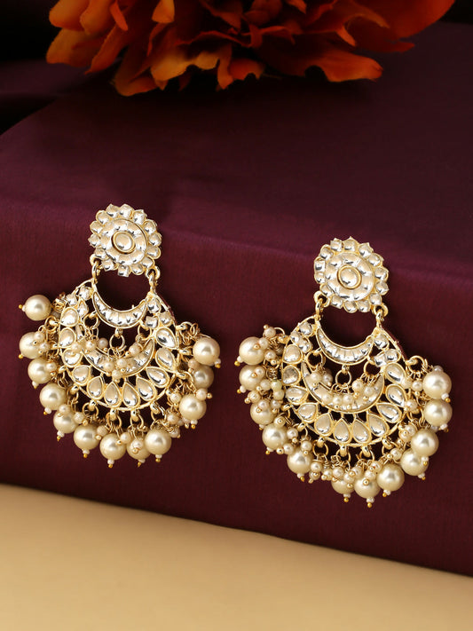 NVR Women Gold-Polished Studded Kundan Chandbali Earrings | Swadesiicart