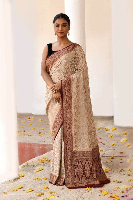 Joban Fashion Crème Crepe Chiffon Pure Handloom Banarasi Silk Saree | Swadesiicart